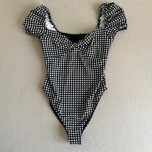 Caroline Constas Checked One-Piece Swimsuit Sleeves High Rise Rouched Front Sz S